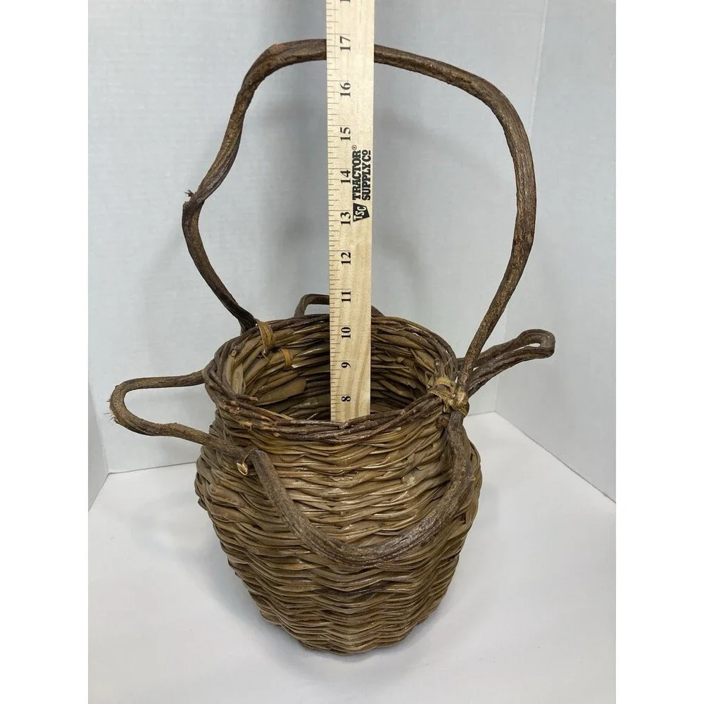 VTG Handmade Rustic Woven Twig Vine Wood Basket Tall Round Primitive Kitsch